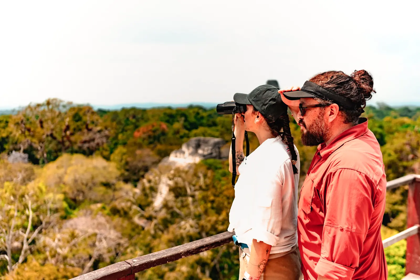 Two scouts with binoculars surveying the jungle canopy at Tikal